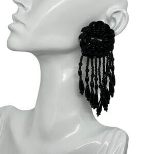Dramatic Black Flower Sequin Beaded Fringe Statement Earring - Gothic Glamour